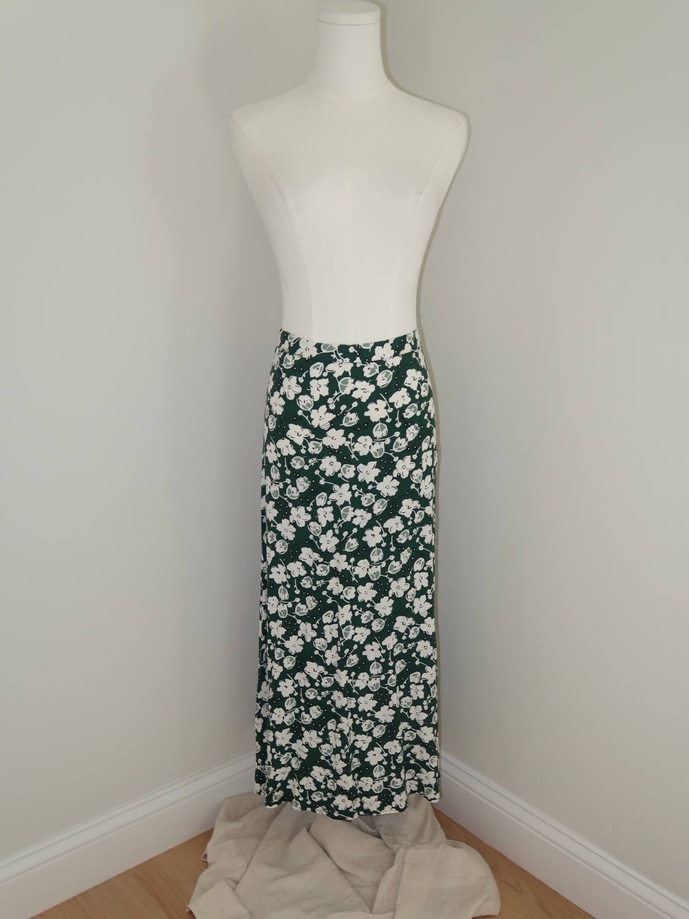 Reformation Dark Green Floral Maxi Skirt with White Blossoms